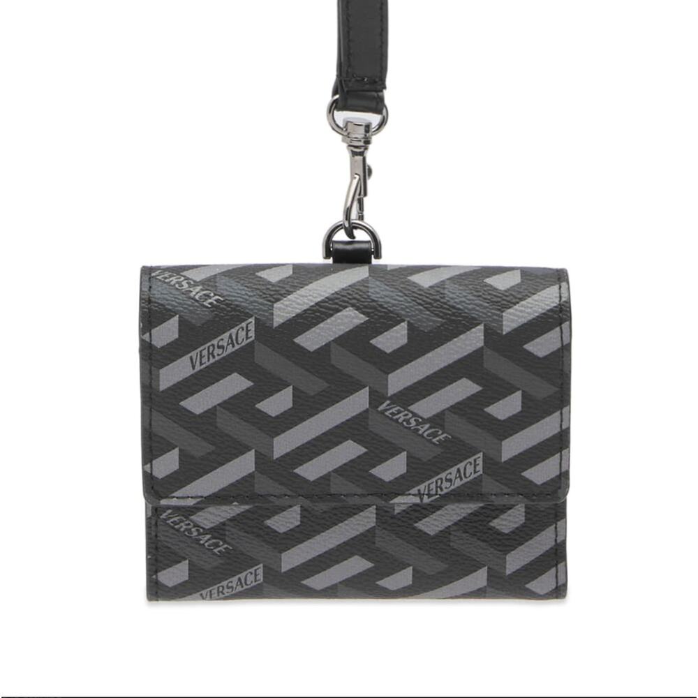 Versace La Greca Monogram Lanyard Wallet Black Grey New